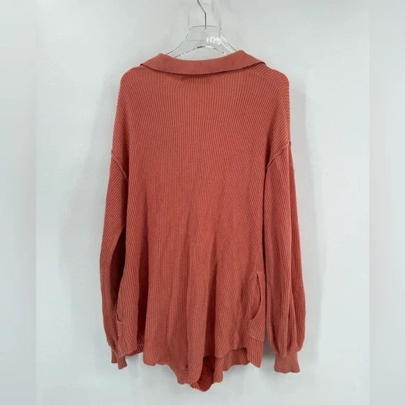 Free People Picnic Romper Ribbed Knit Collared Linen Cotton Salmon Playsuit xs - Picture 3 of 8